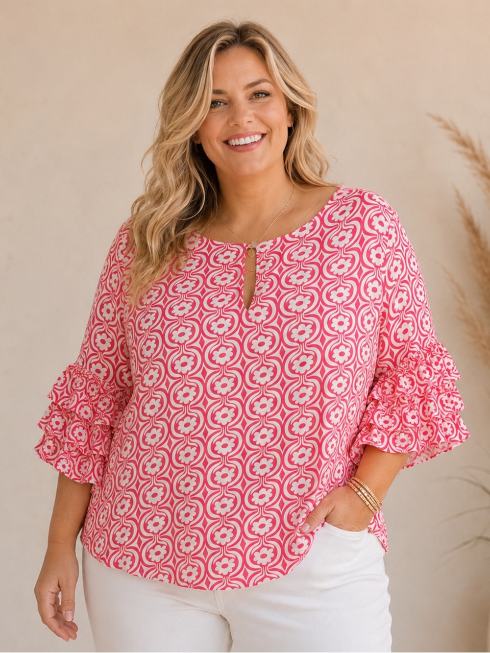 Pink Patterned Ruffle-Sleeve Women's Top